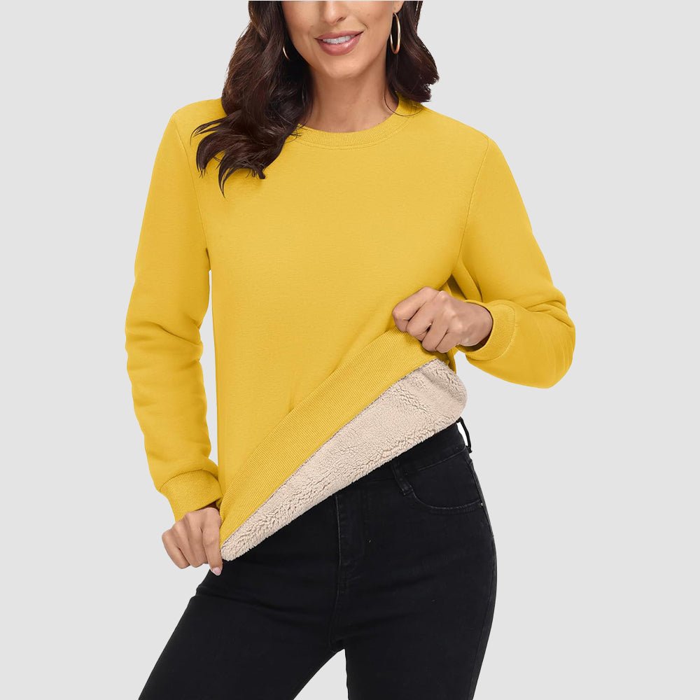 Women's fleece crewneck sweatshirt with sherpa lining, soft cotton blend, cozy fit for winter warmth