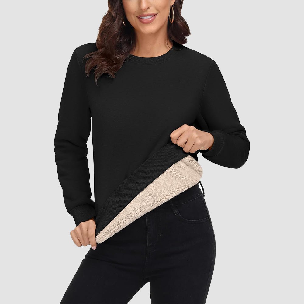 Women's fleece crewneck sweatshirt with sherpa lining, soft cotton blend, cozy fit for winter warmth