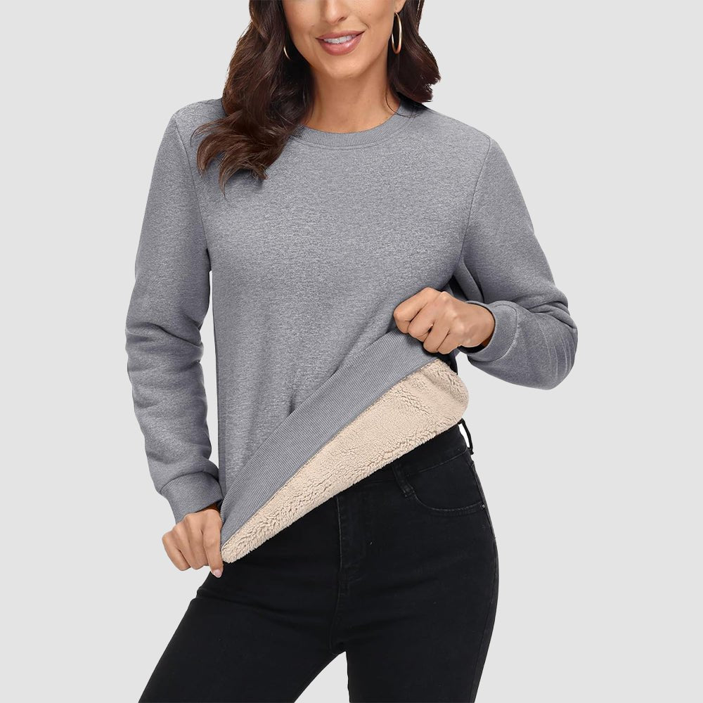 Women's fleece crewneck sweatshirt with sherpa lining, soft cotton blend, cozy winter warmth style