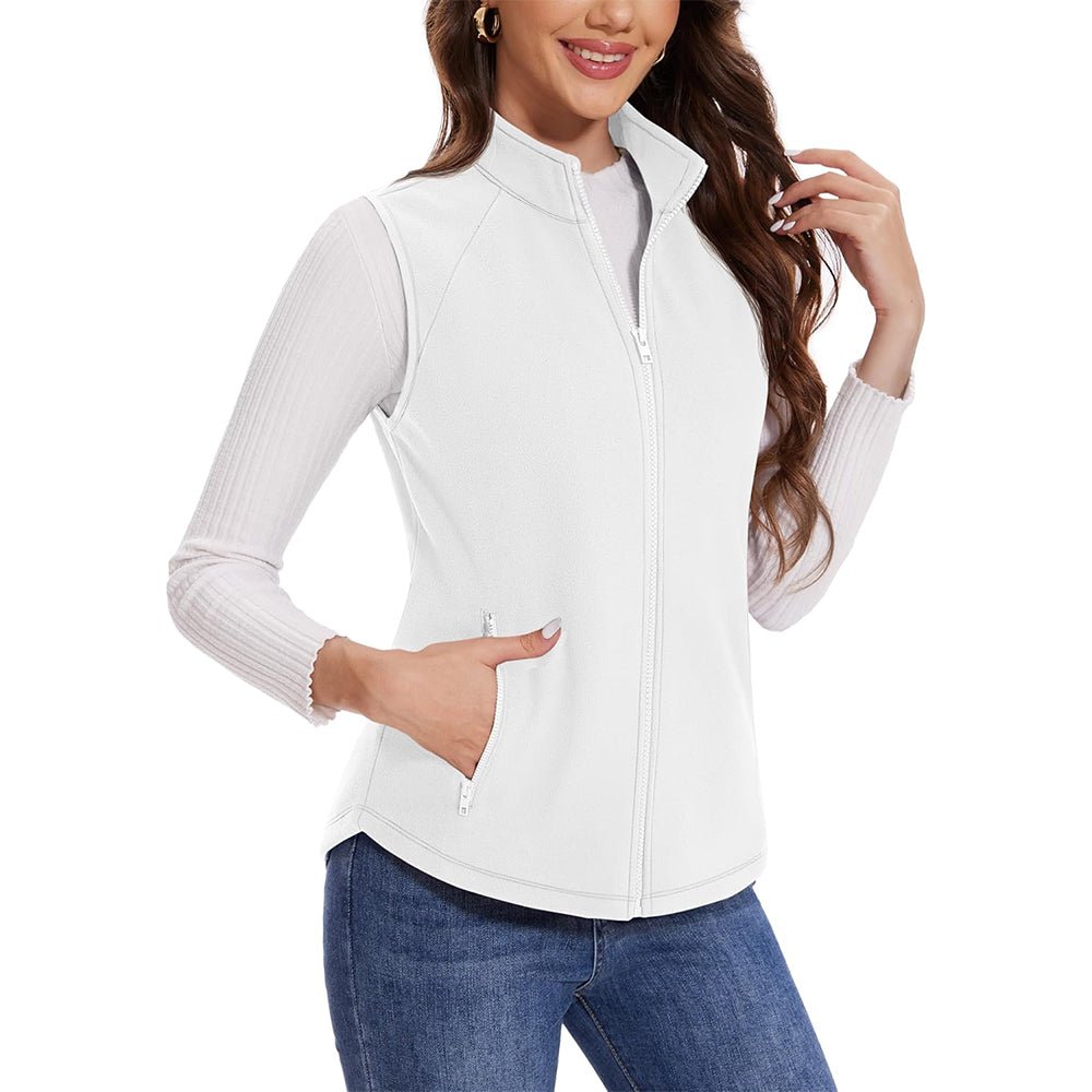 Women's sleeveless fleece vest lightweight warmth static-resistant with 4 deep pockets and stand collar