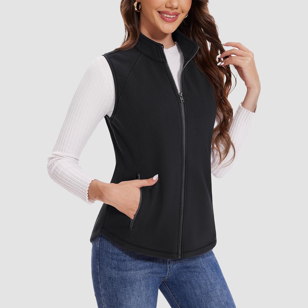Women's lightweight fleece vest sleeveless stand collar static-resistant 4 deep pockets casual outdoor