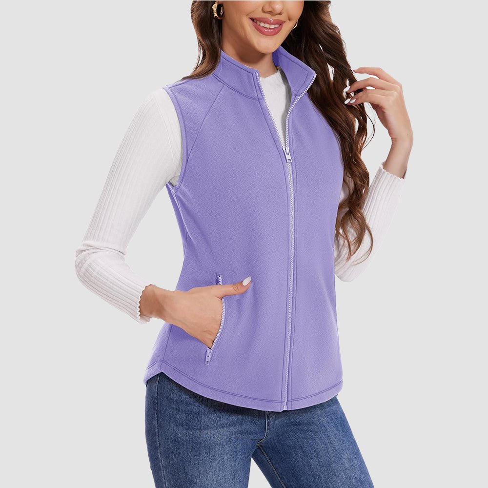 Women's lightweight fleece vest sleeveless stand collar static-resistant 4 deep pockets casual layering
