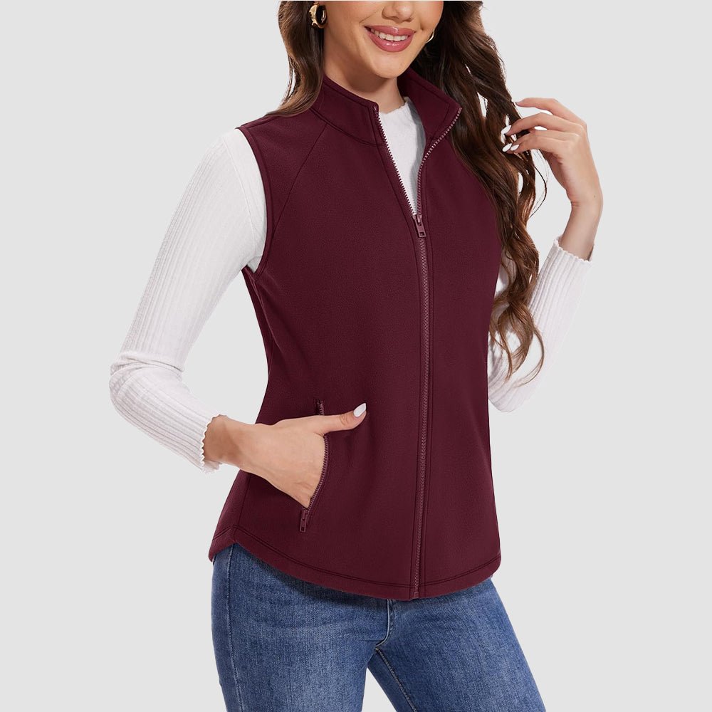 Women's sleeveless fleece vest lightweight warmth static-resistant fabric 4 deep pockets stand collar