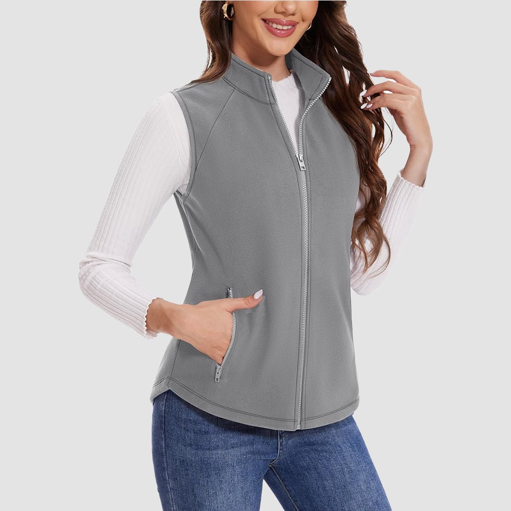 Women's lightweight fleece vest, static-resistant polyester, sleeveless with stand collar and 4 deep pockets