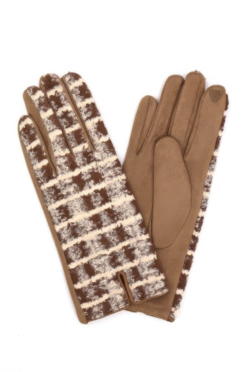 Women's fuzzy plaid winter gloves in checkered pattern with touchscreen-compatible fingertips
