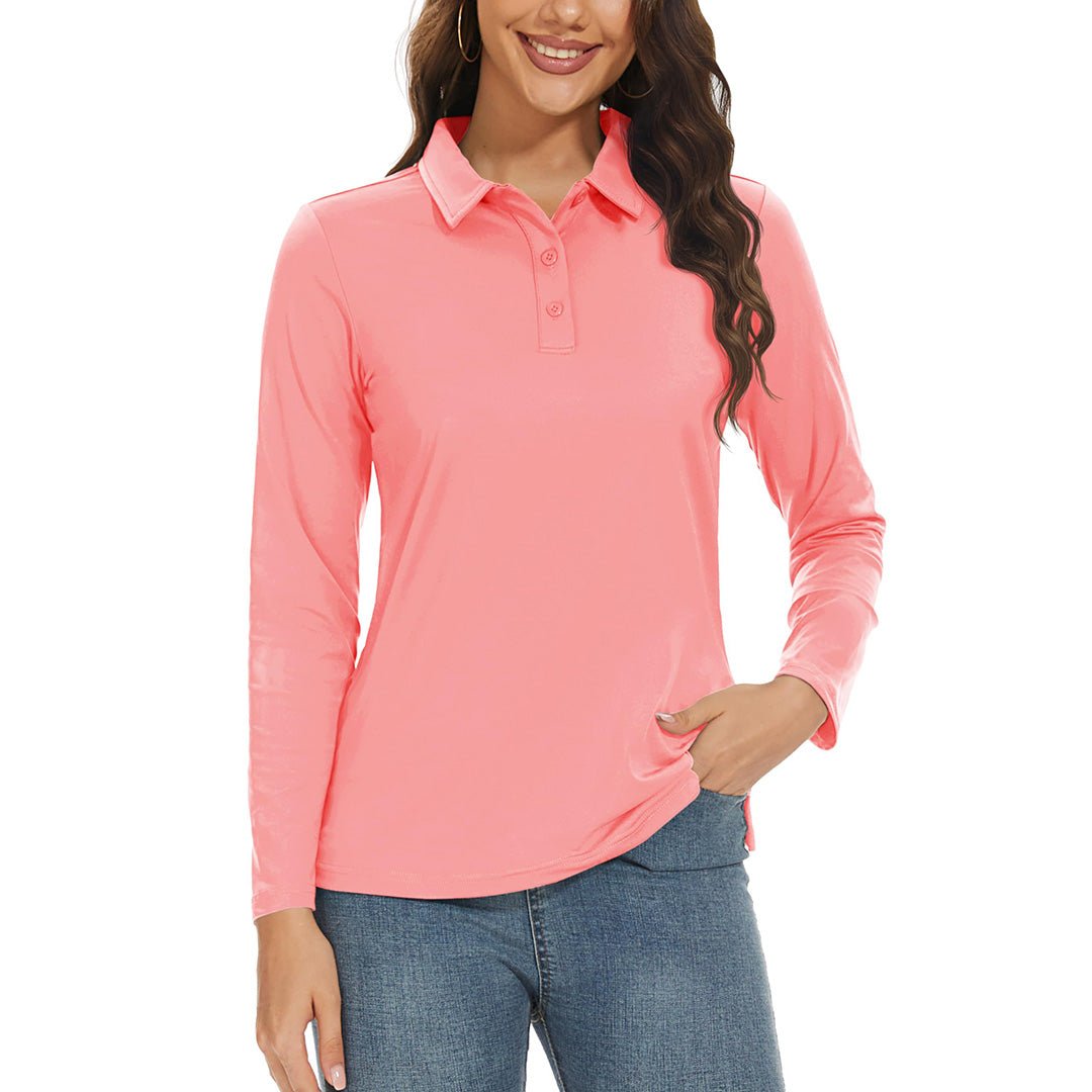 Women's UPF 50+ golf polo long sleeve quick-dry white 3-button sun protection active shirt