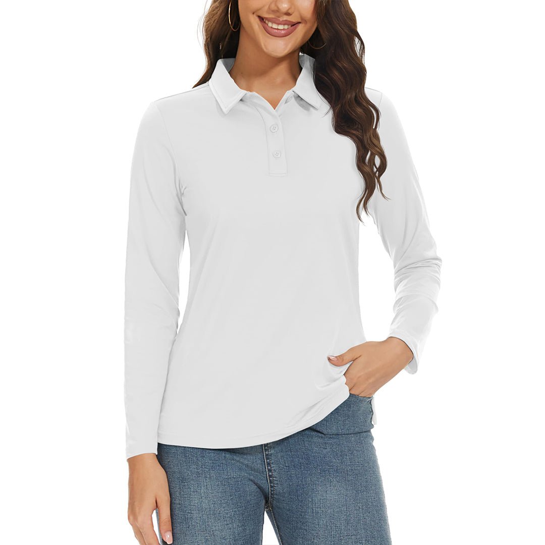 Women's UPF 50+ golf polo long sleeve quick-dry 3-button shirt with stretch sun protection fabric