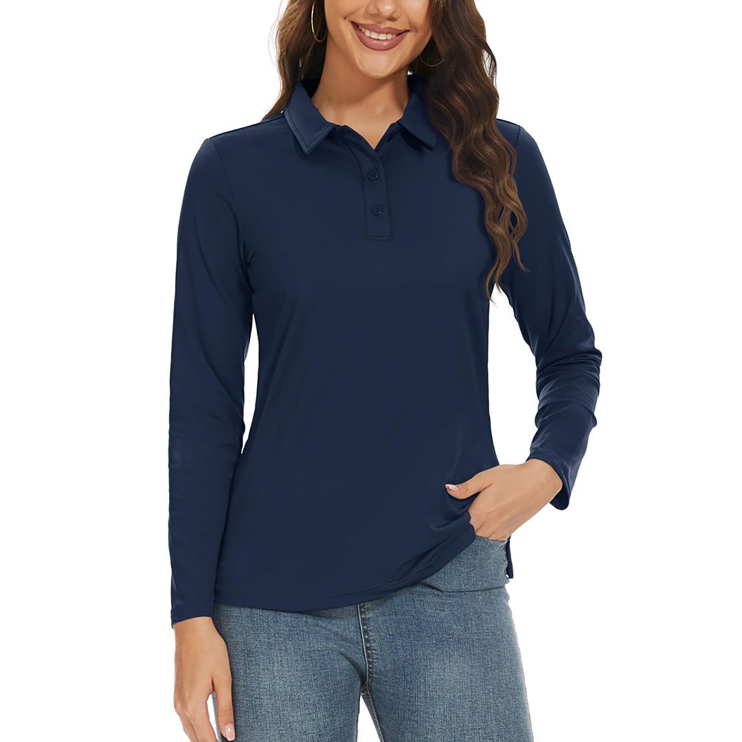 Women's UPF 50+ golf polo long sleeve quick-dry white 3-button sun protection shirt for active golfers