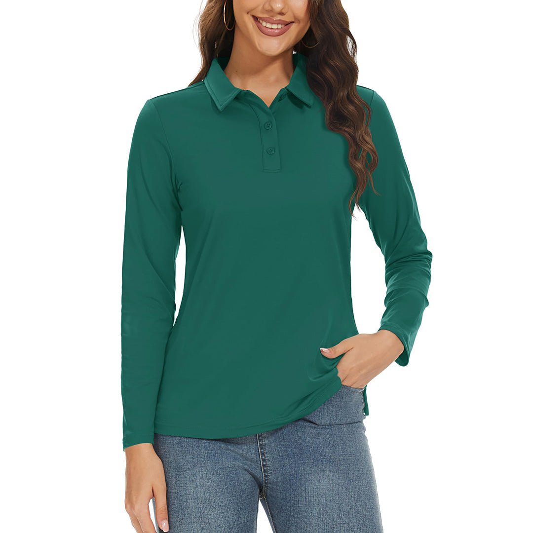 Women's UPF 50+ golf polo long sleeve quick-dry white 3-button sun protection shirt