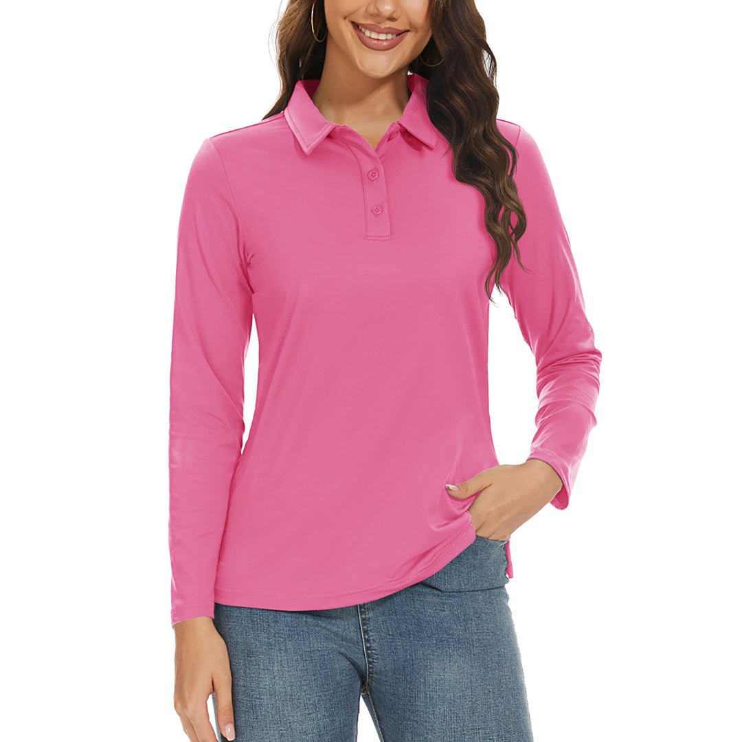 Women's UPF 50+ golf polo long sleeve quick-dry white 3-button sun protection active shirt