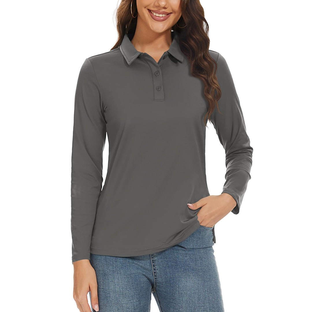 Women's UPF 50+ golf polo long sleeve quick-dry white 3-button sun protection shirt for active golfers