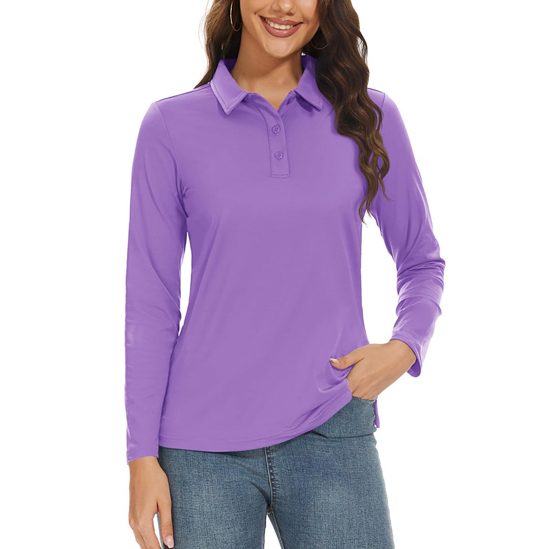 Women's UPF 50+ golf polo long sleeve quick-dry white 3-button sun protection active fit shirt