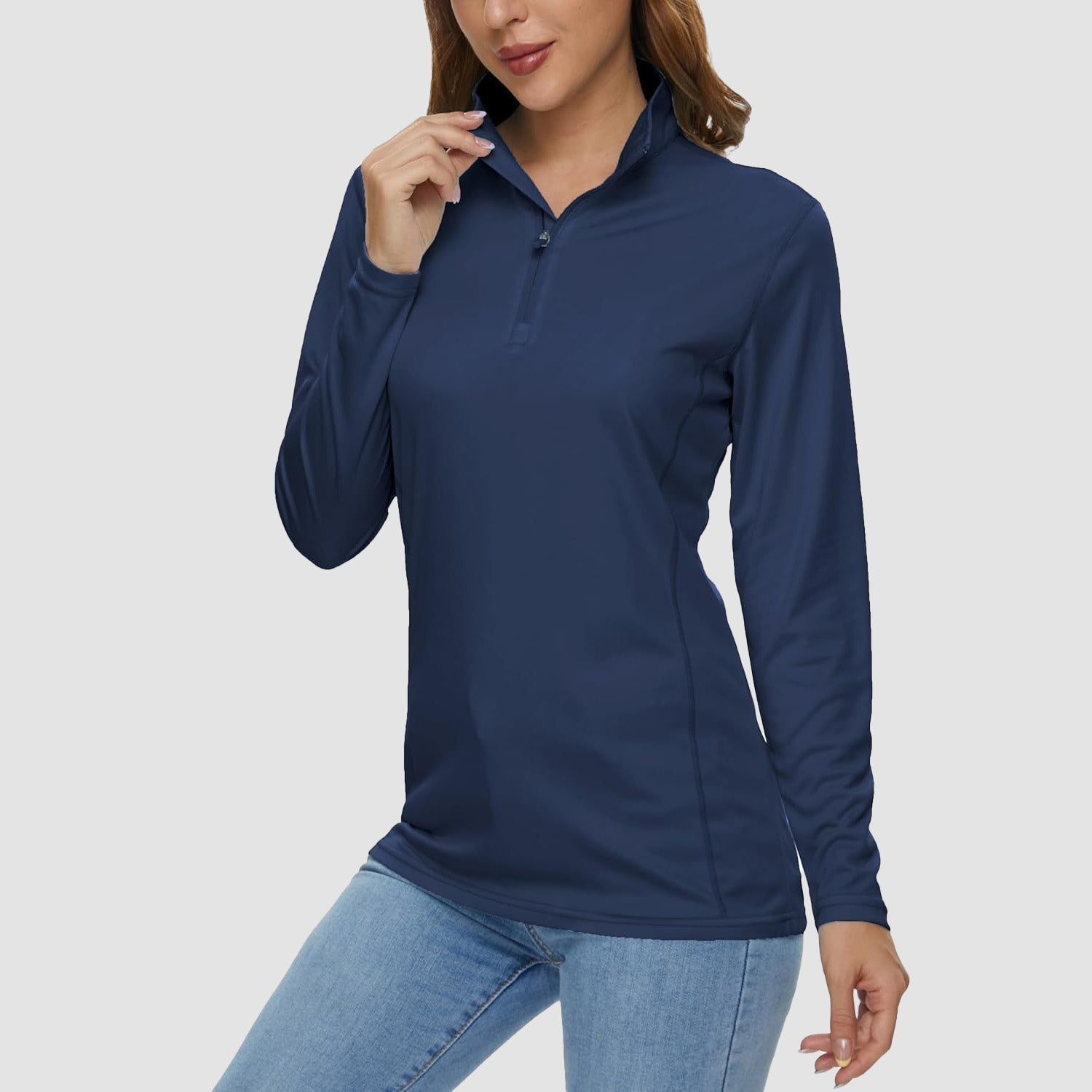 Women's quick-dry half-zip shirt UPF 50+ lightweight breathable polyester for running and hiking