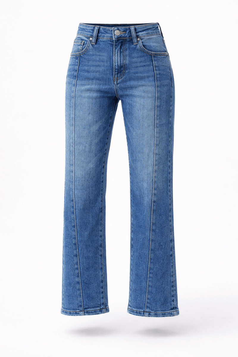 Women's light wash high rise crop straight leg jeans with distressed details for effortless style