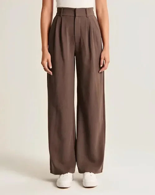 Emma wide-leg high-waist trousers with subtle crease detail, elegant smart-casual officewear for women