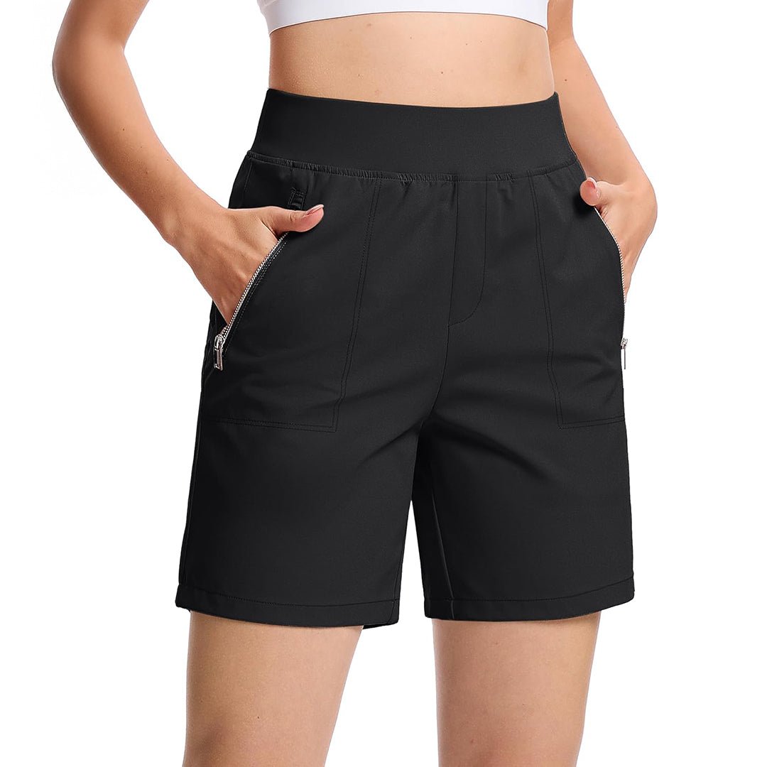 Women's high waist hiking shorts with zip pockets, 4-way stretch moisture-wicking nylon, active outdoor fit