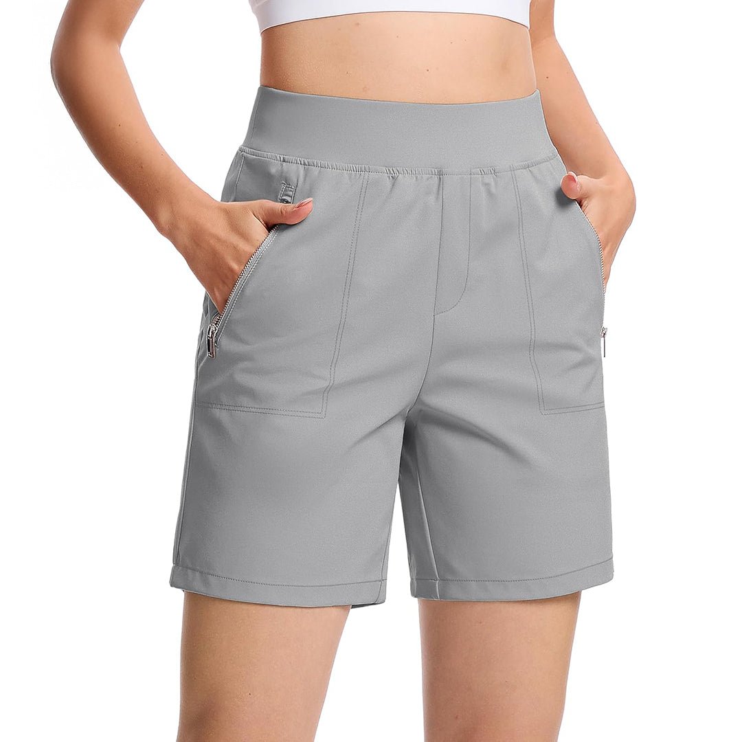 Women's high-waisted hiking shorts with zipper pockets, 4-way stretch, moisture-wicking fabric