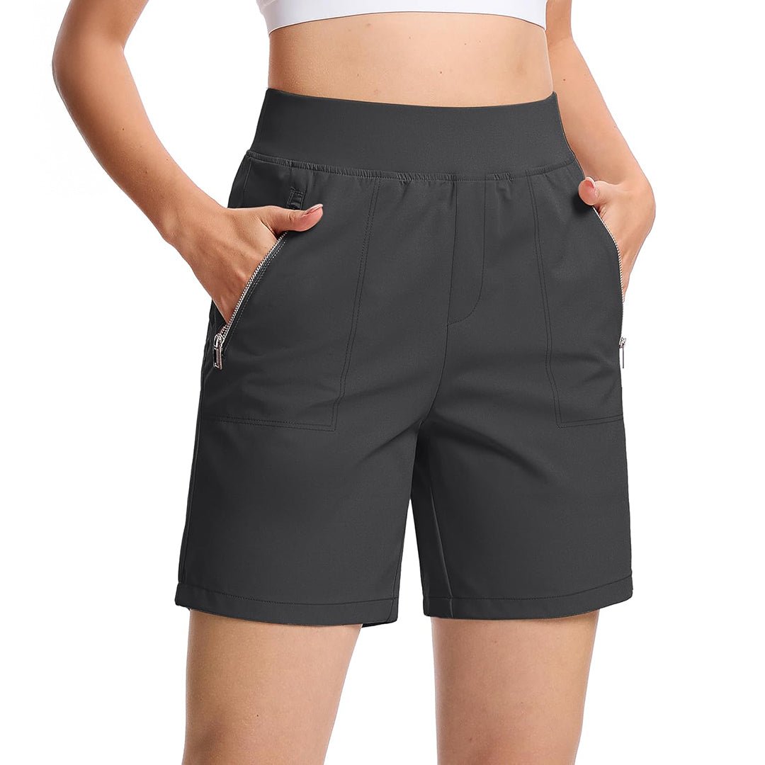 Women's high waisted hiking shorts with zippered pockets, moisture wicking 4-way stretch nylon fabric