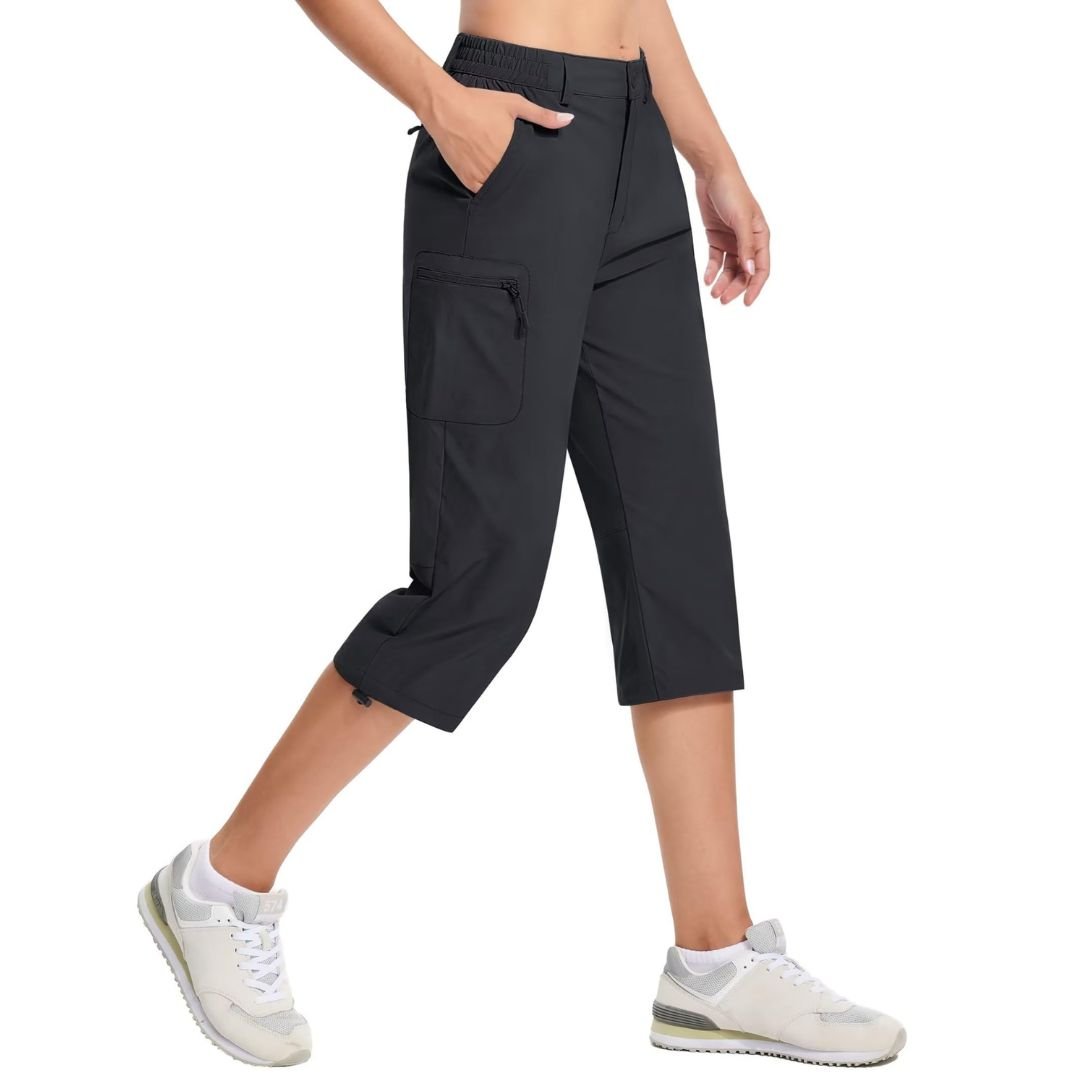 Women's hiking capri pants lightweight stretch water-resistant fabric with multi-pocket cargo design