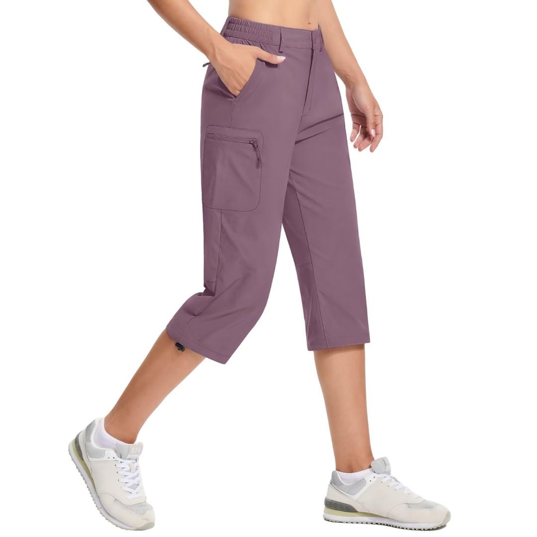 Women's hiking cargo capri pants lightweight stretch water-resistant with multi-pocket design for outdoor trails