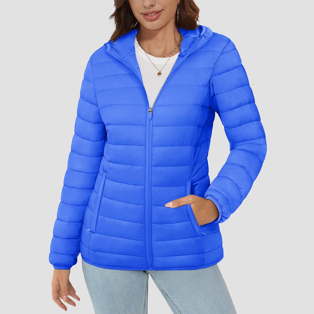 Women's hooded ultra-light puffer jacket full-zip water-resistant windproof packable winter coat
