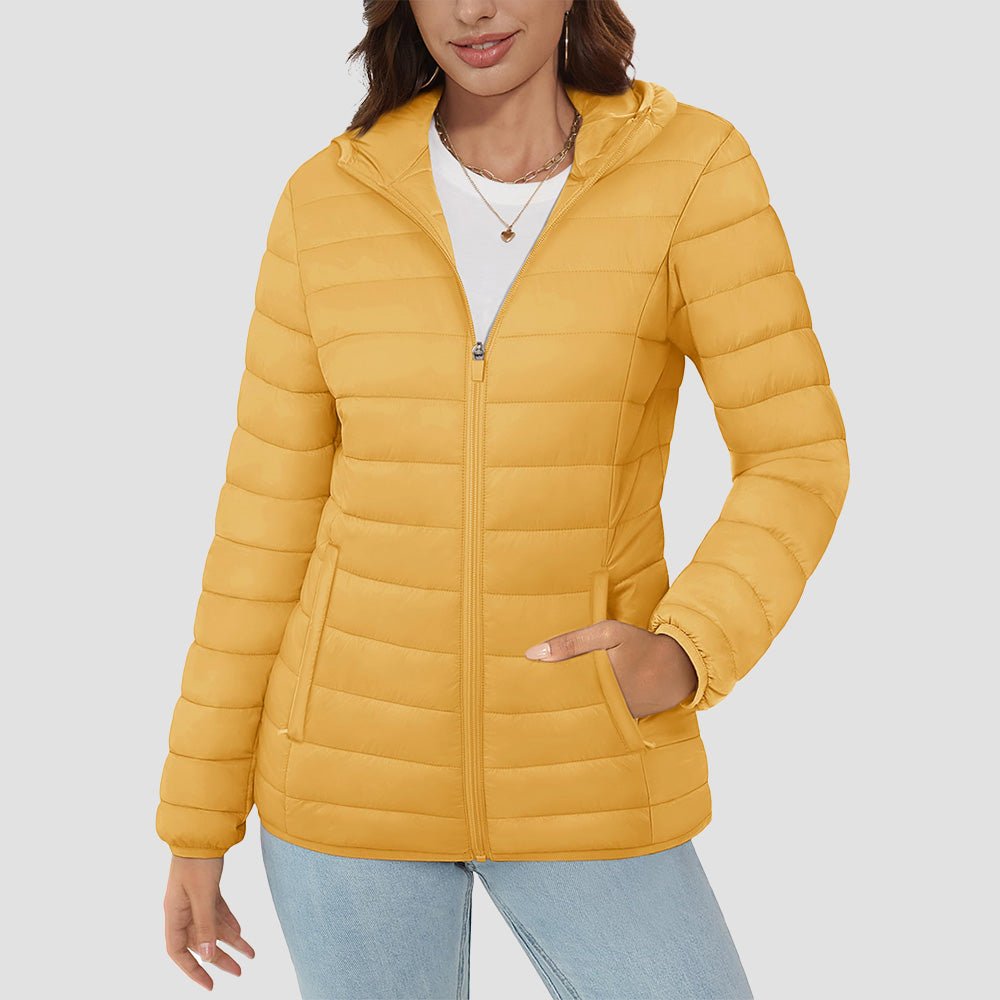 Women's ultralight hooded puffer jacket full-zip windproof packable winter coat water-resistant nylon