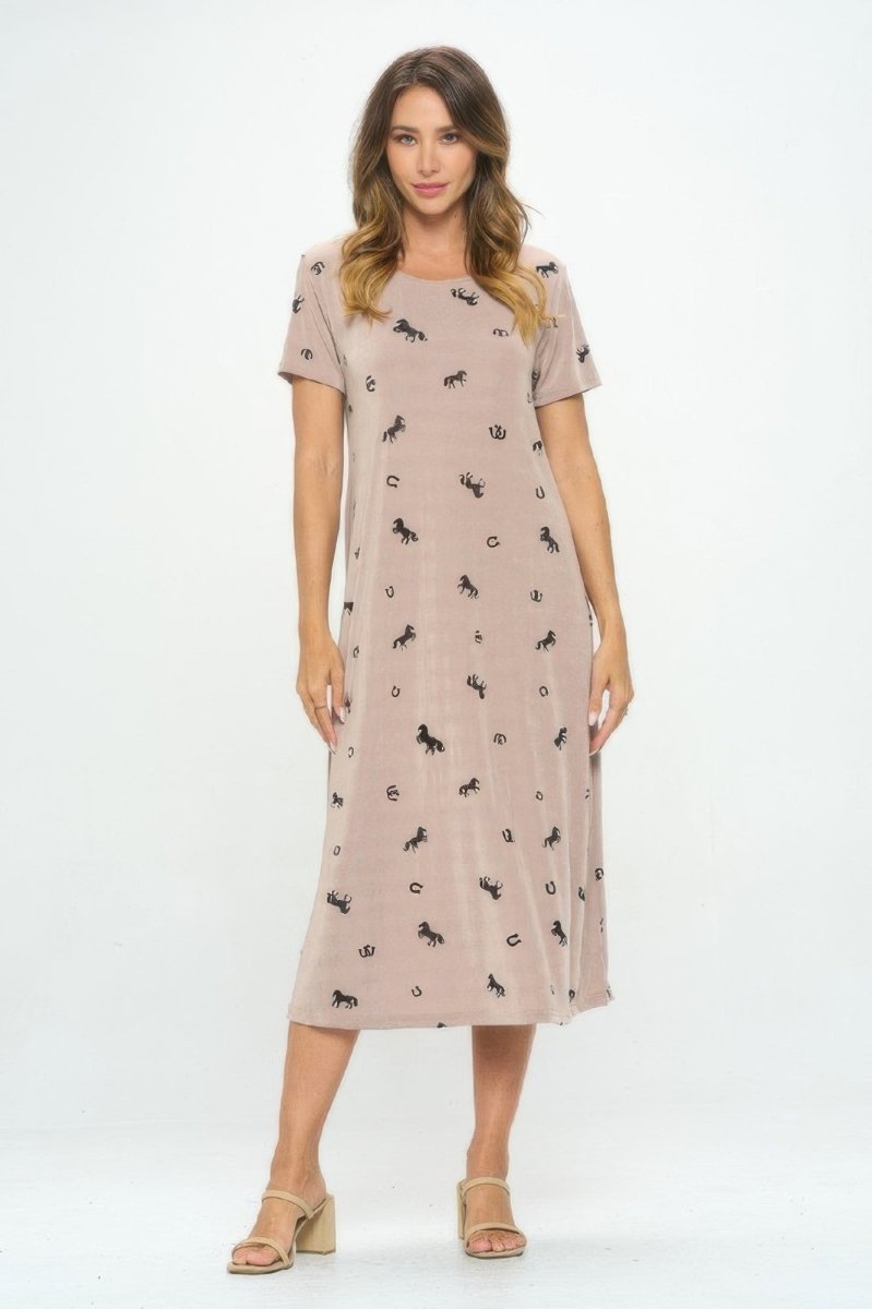 Women's sleeveless long casual dress with horse print, scoop neckline, stretch polyester blend