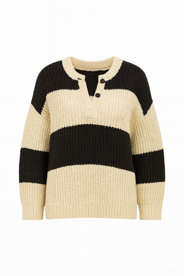 Women's striped knit pullover sweater with split neckline, cozy everyday style for office or casual wear