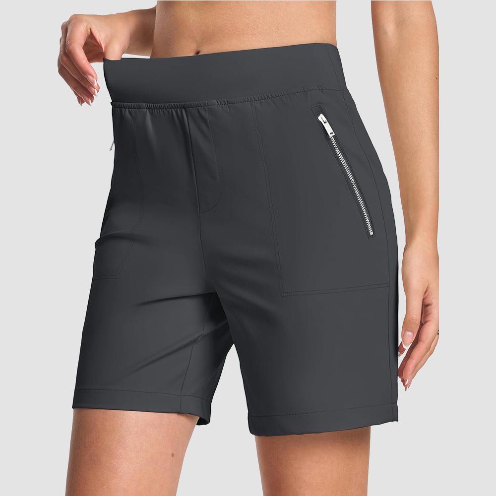 Women's lightweight hiking shorts in neutral tone, high-waisted 2-inch waistband, moisture-wicking nylon blend