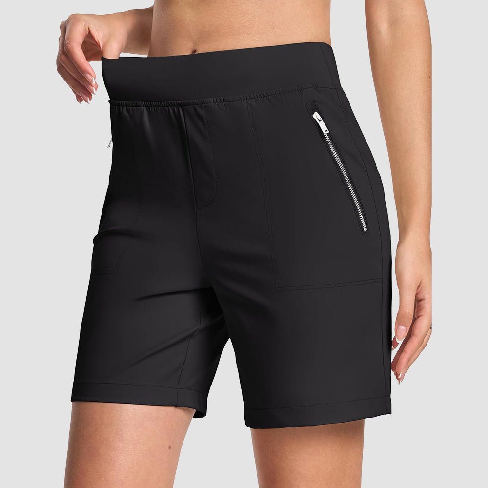 Women's lightweight gray hiking shorts high-waisted 2-inch waistband moisture-wicking nylon 7-inch inseam
