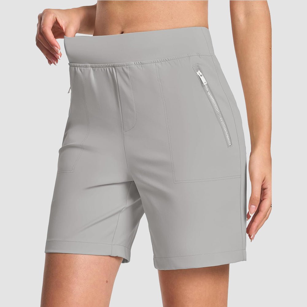 Women's lightweight hiking shorts in neutral tone, high-waisted 2-inch waistband, moisture-wicking nylon-spandex blend