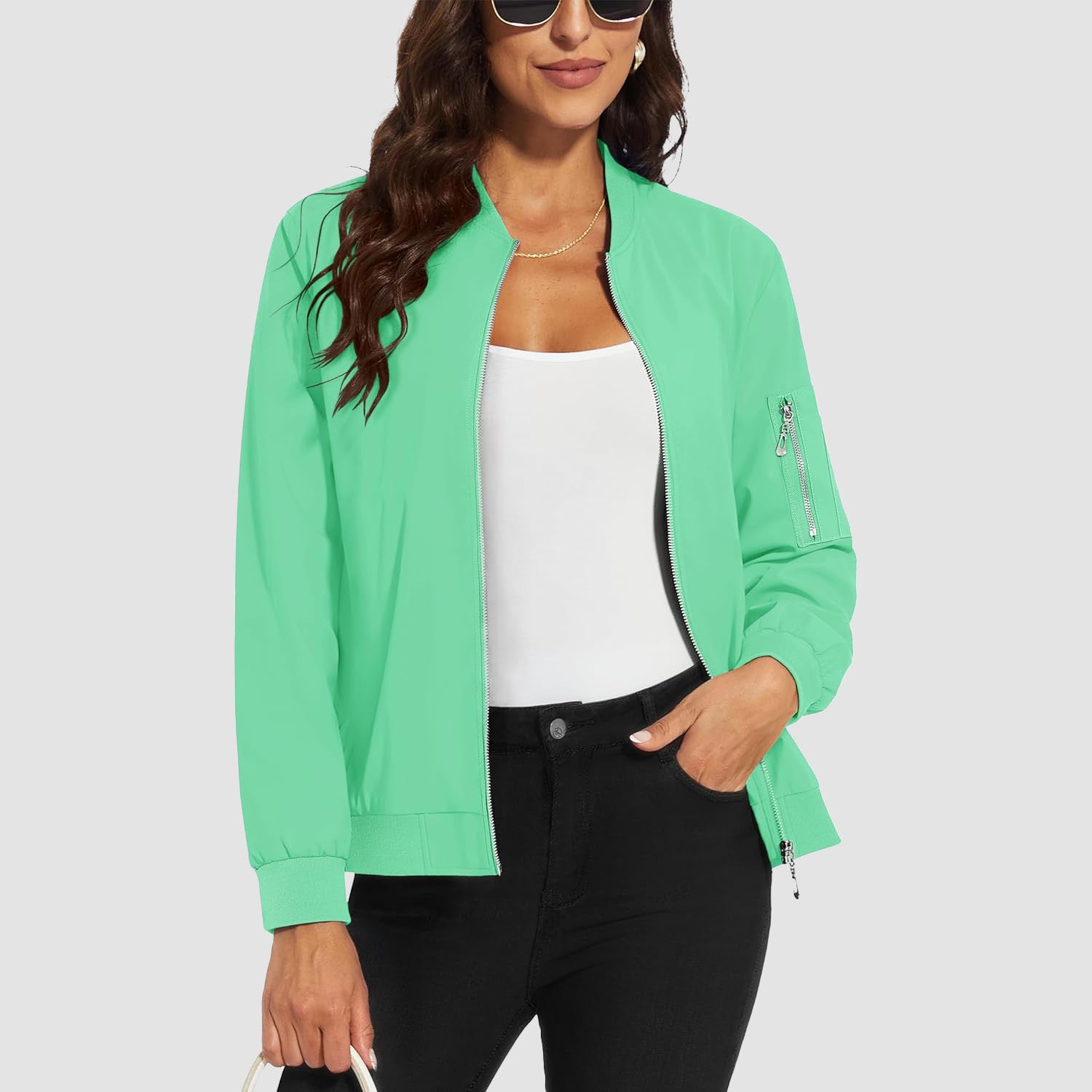 Women's lightweight water-resistant bomber jacket windproof solid color with multiple pockets everyday wear