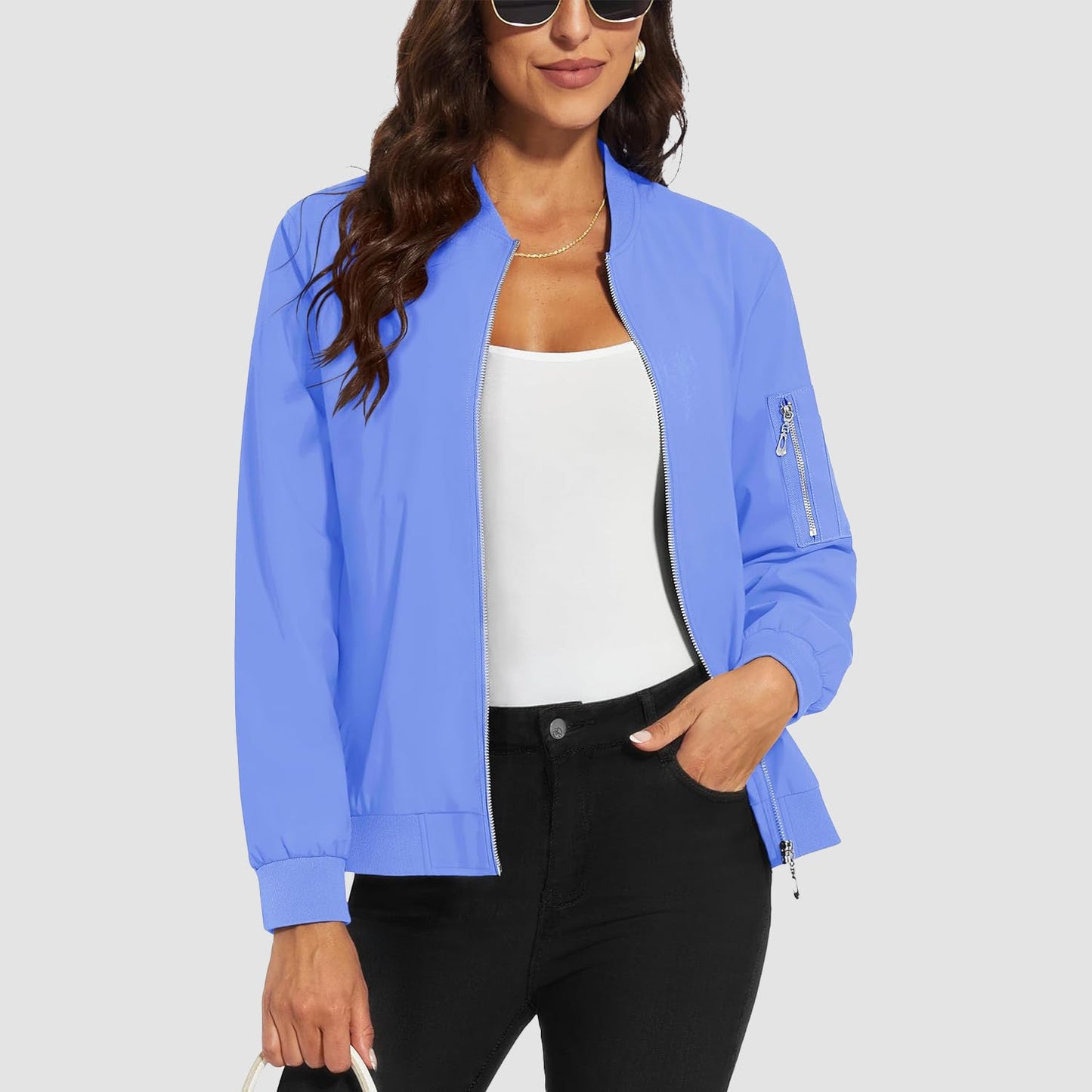 Women's lightweight water-resistant bomber jacket windproof polyester solid color multiple pockets everyday wear
