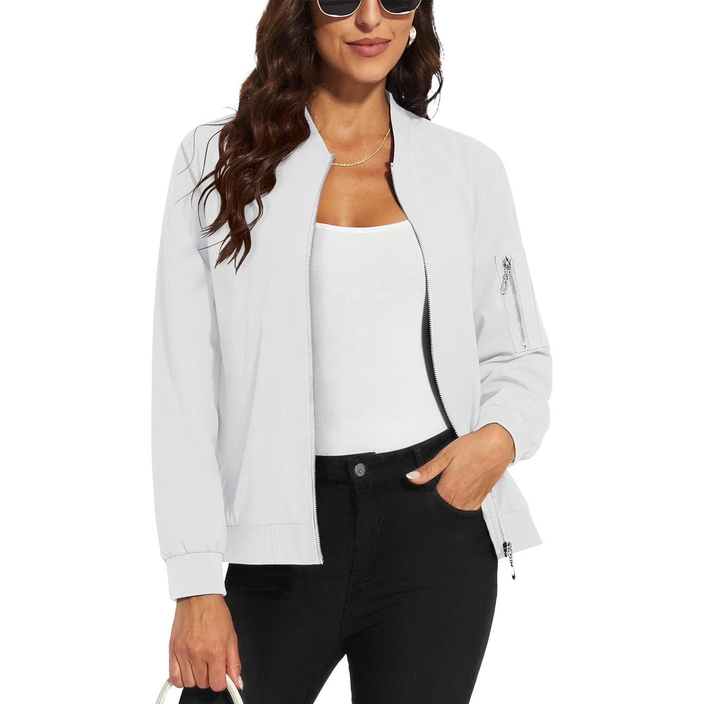 Women's lightweight bomber jacket water-resistant windproof solid color with multiple pockets everyday style