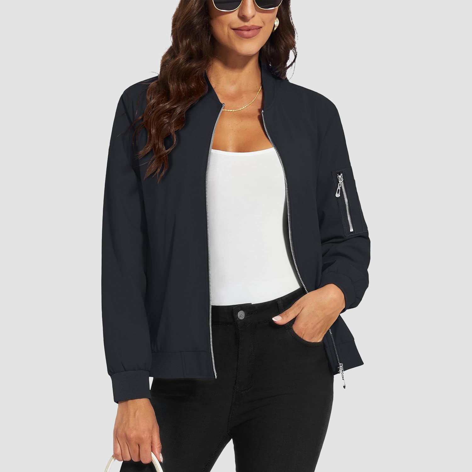 Women's lightweight bomber jacket water-resistant windproof polyester with multiple pockets everyday style