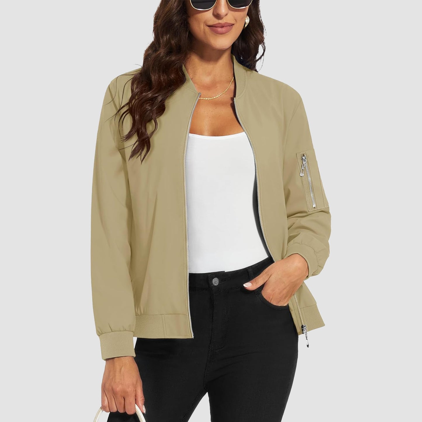 Women's lightweight water-resistant bomber jacket solid color windproof with multiple pockets everyday wear