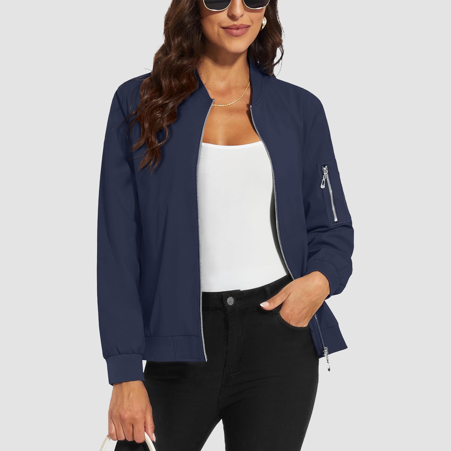 Women's lightweight water-resistant bomber jacket solid color windproof with multiple pockets everyday wear