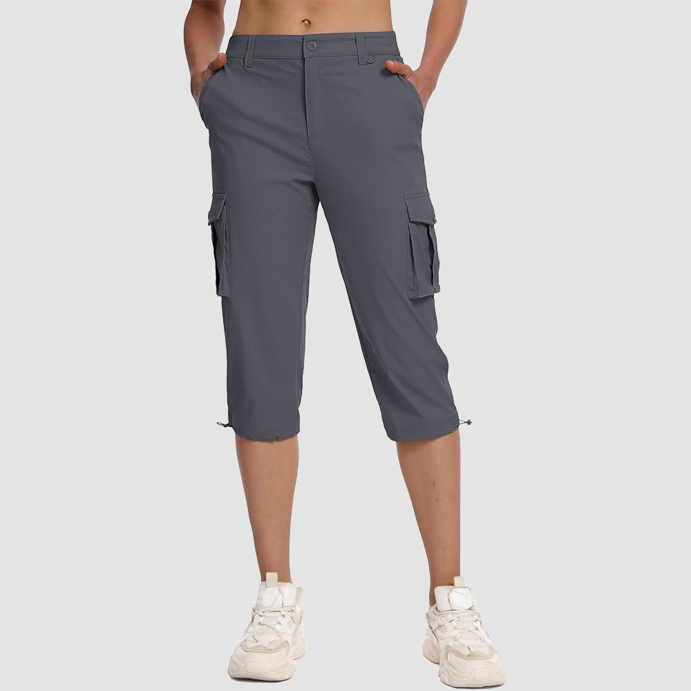 Women's lightweight cargo capris with 6 pockets, water-resistant quick-dry nylon, outdoor travel style