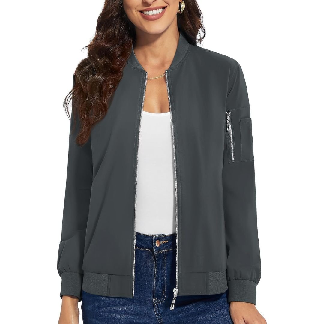 Women's lightweight windbreaker bomber jacket, water-resistant polyester with 2 side pockets