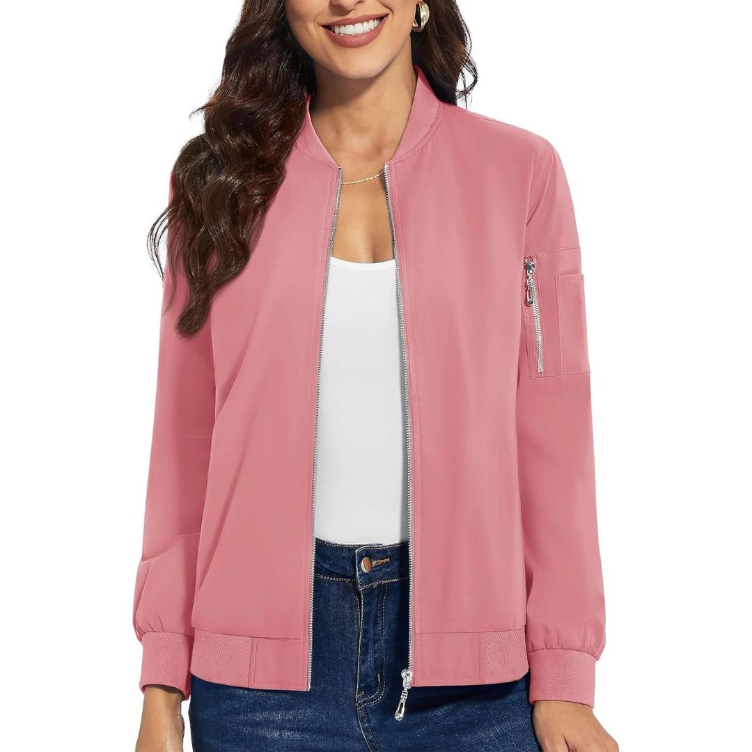 Women's lightweight polyester windbreaker bomber jacket with zip pockets, water resistant casual travel layer