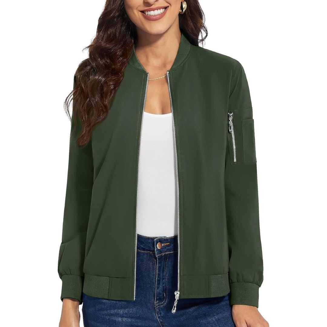 Women's lightweight water-resistant bomber jacket with zip pockets, relaxed fit casual windbreaker