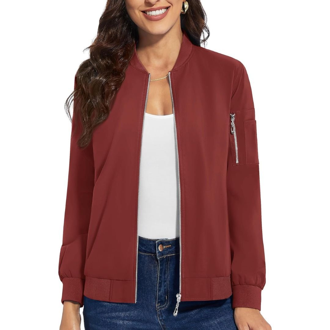 Women's lightweight polyester windbreaker bomber jacket with 2 pockets, water resistant, ideal for travel
