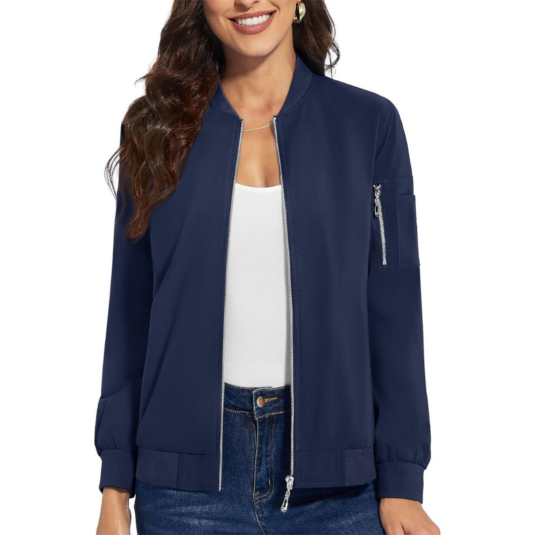 Women's lightweight windbreaker bomber jacket, water-resistant polyester with 2 side pockets
