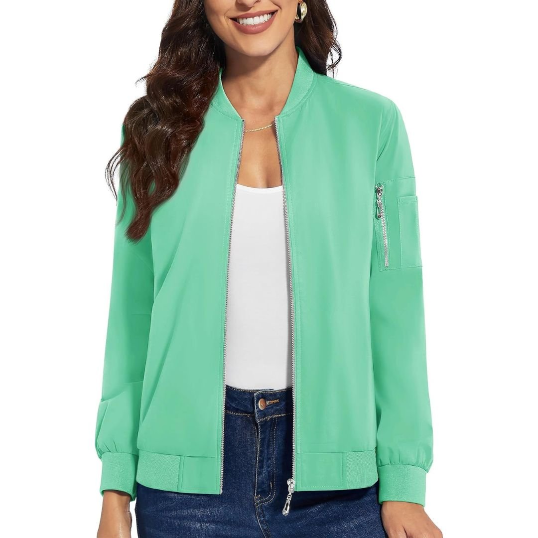Women's lightweight polyester windbreaker bomber jacket with zip pockets, water resistant casual travel layer