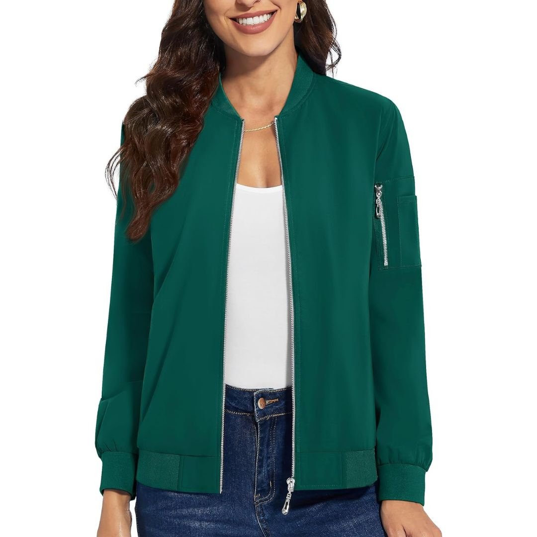 Women's lightweight windbreaker bomber jacket, water-resistant polyester with 2 side pockets