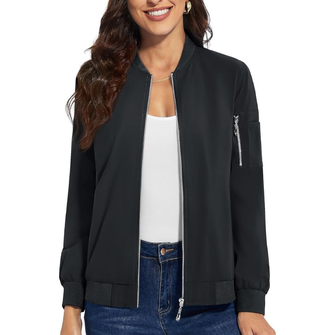Women's lightweight polyester windbreaker bomber jacket with zip pockets, water resistant casual travel layer