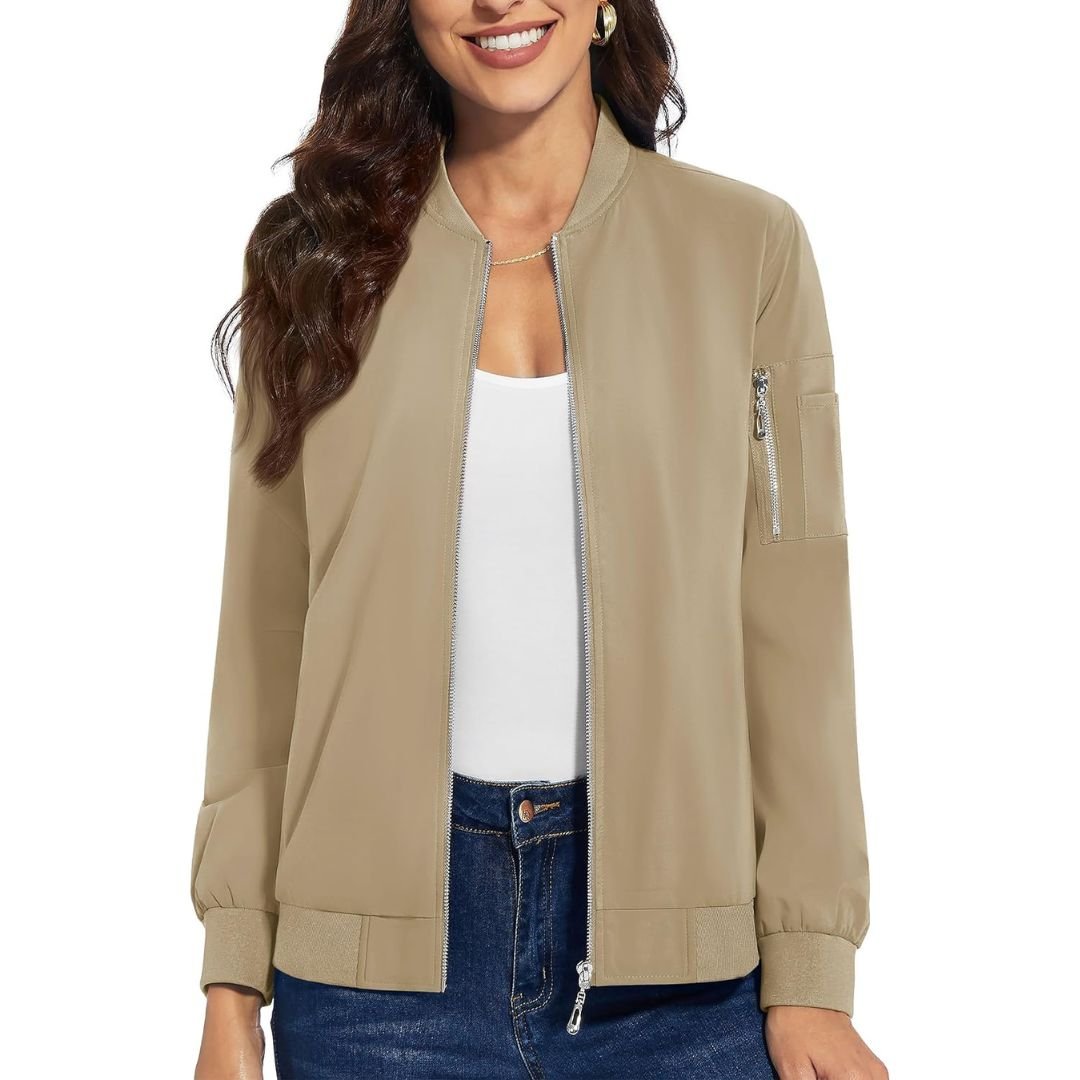 Women's lightweight windbreaker bomber jacket, water-resistant polyester with 2 side pockets