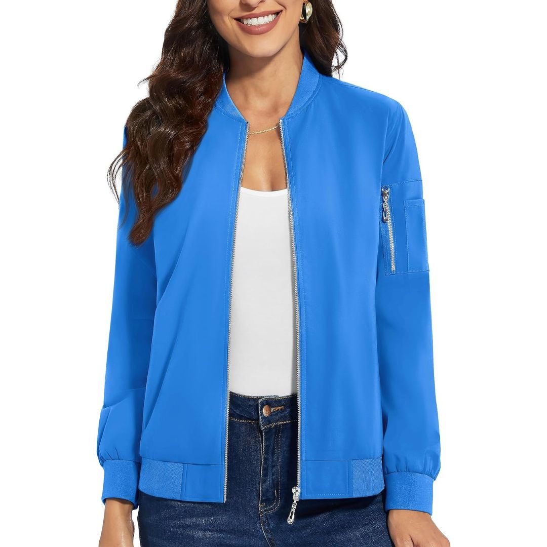 Women's lightweight windbreaker bomber jacket water-resistant polyester with 2 side pockets