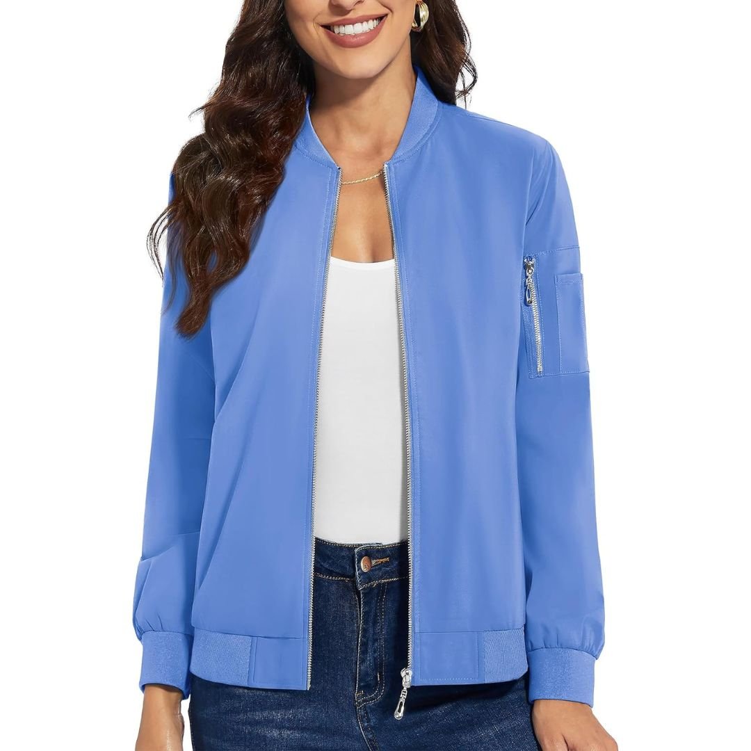 Women's lightweight water-resistant windbreaker bomber jacket with two side pockets, casual everyday style