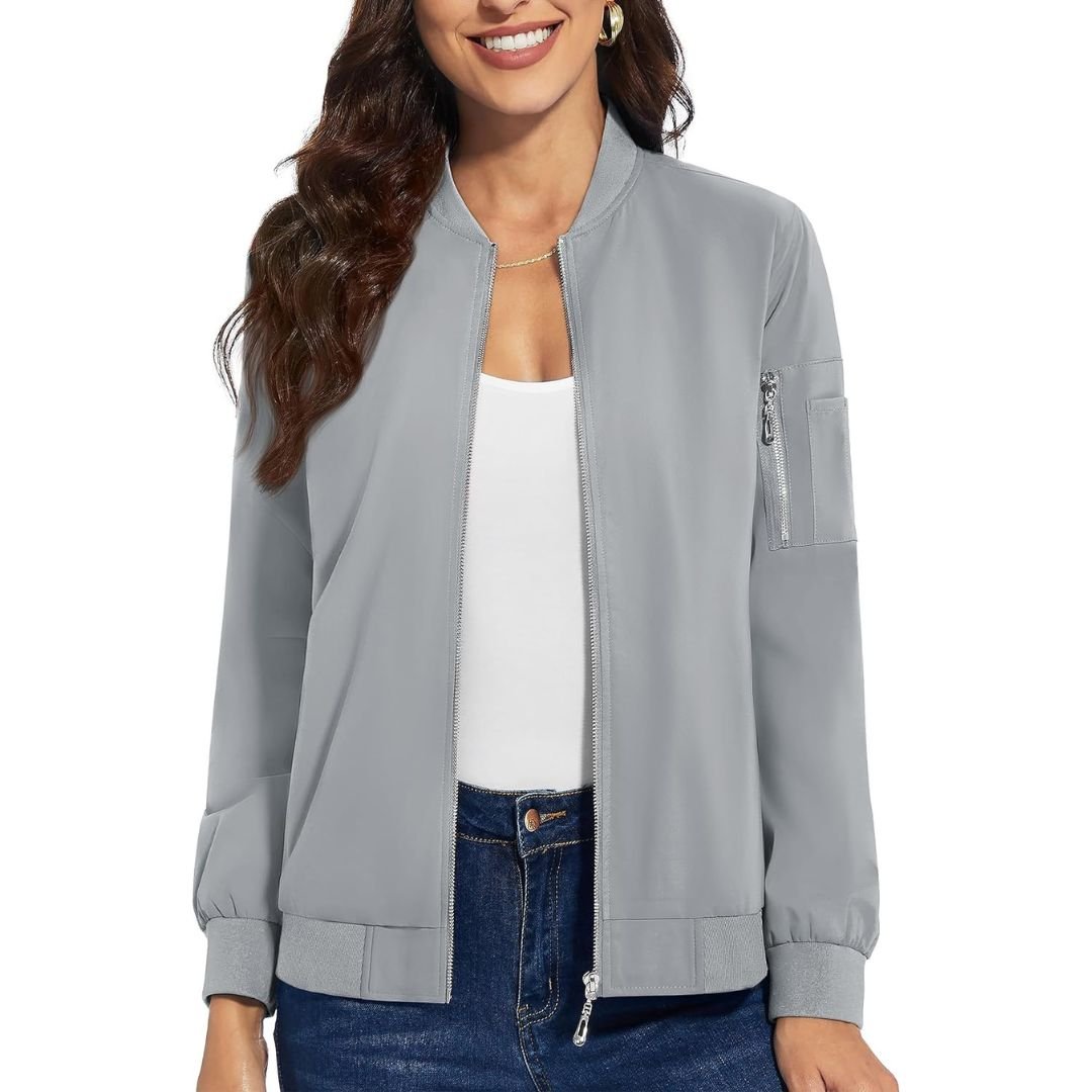 Women's lightweight polyester windbreaker bomber jacket with water-resistant finish and dual pockets